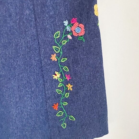 Vintage Blue  Denim Floral Embroidered A line Maxi Skirt S - Picture 3 of 6